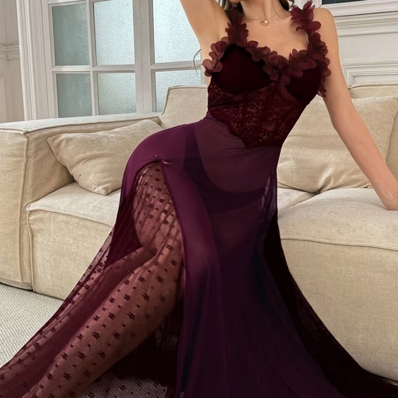 Hautesales Dresses & Skirts - Plunge Floral-Trim Mesh Maxi Dress Nightgown in Deep Burgundy